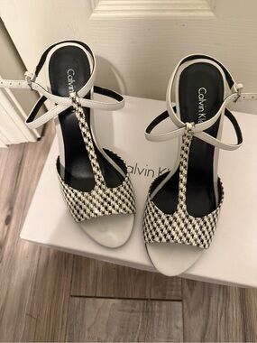 Calvin Klein White & Black T‑Strap Woven Heels